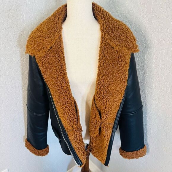 Rebecca Minkoff Faux Shearling Vegan Leather Moto Jacket, Black/Brown, Large NWT - Picture 8 of 16